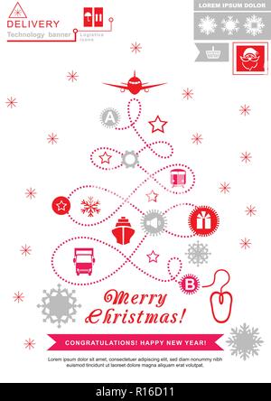 Red pathway in the shape of christmas tree on white background. Red grey christmas logistics icons on the white background. Technology background Stock Vector