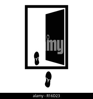 Vector illustration of an open door with the imprints of shoes nearby, flat style. Stock Vector