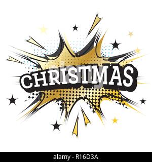 Comic Speech Bubble with Text Christmas. Retro Pop Art Style on Halftone Background. Vector Illustration. Stock Vector