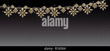 Neon Lights and Golden Garland with Snowflakes on Transparent Grid Background. Merry Christmas and Happy New Year Concept. Vector Illustration. Stock Vector