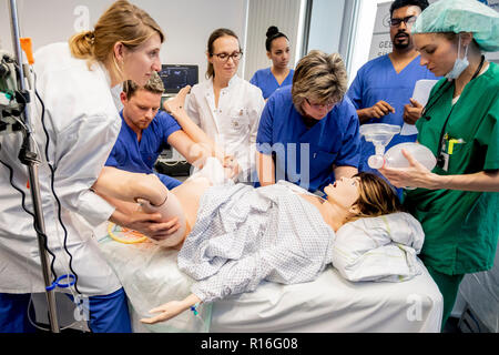 Berlin, Germany. 09th Nov, 2018. Employees of the Charité Clinic for Obstetrics practice the treatment of peri-/postpartum bleeding with a birth simulation manikin. With the simulation dummy, junior doctors and midwives at the Charité can train the processes involved in childbirth. Credit: Christoph Soeder/dpa/Alamy Live News Stock Photo