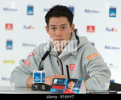 O2, London, UK. 9 November, 2018. Top 8 Mens Singles players meet the media before the 8 day tournament begins at the O2 arena in London. Kei Nishikori (JPN) , world number 7. Credit: Malcolm Park/Alamy Live News. Stock Photo