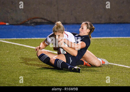London, UK. 09th Nov, 2018. England's Carys Williams is tackled during Quilter Internationals - England Women vs USA Women at Allianz Park on Friday, 09 November 2018. LONDON ENGLAND.  (Editorial use only, license required for commercial use. No use in betting, games or a single club/league/player publications.) Stock Photo