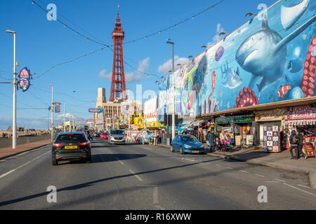 Blackpool promenade during an autumn weekend. Blackpool is one of Englands favorite seaside resorts. Stock Photo