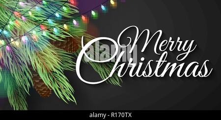 Merry Christmas banner. Christmas tree with cones. Glowing multicolored garland. Calligraphic text. Vector illustration. EPS 10 Stock Vector