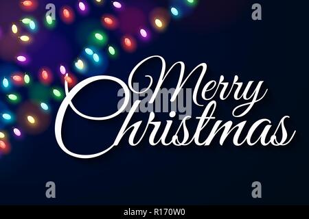 Christmas cover. Multicolored lights on a dark background. Calligraphic text. Celebratory background. Glowing garlands. Luminous oval light bulbs. Vector illustration Stock Vector