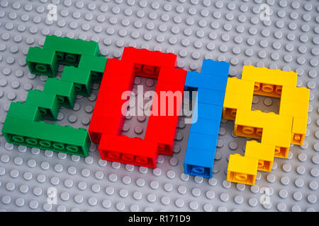 Tambov, Russian Federation - September 02, 2018 Numbers 2019 made by Lego blocks on Lego gray baseplate background. Studio shot. Stock Photo