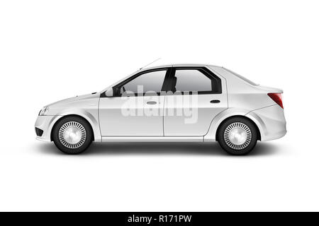 Blank white car design mockup, isolated, side view, clipping path, 3d illustration. Clear auto body mock up profile. Plain vechicle branding template. Stock Photo