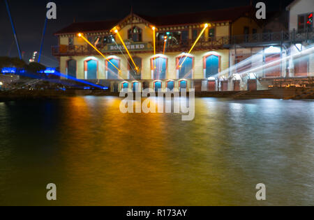 WELLINGTON NEW ZEALAND - OCTOBER 1 2018; Night time in the city, The historic clubhouse long exposure with zoom blur effects in Wellington, New Zealan Stock Photo