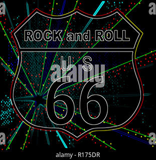 Route 66 glowing neon traffic sign over a splash background and the legend Rock and Roll Stock Photo