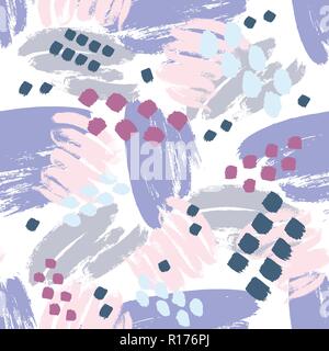 Grey red pink white purple hand drawn paint lines and stains vector seamless pattern Stock Vector