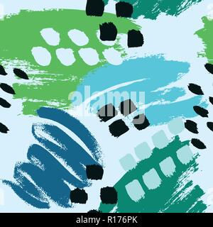 Blue green white black hand drawn paint lines and stains vector seamless pattern Stock Vector