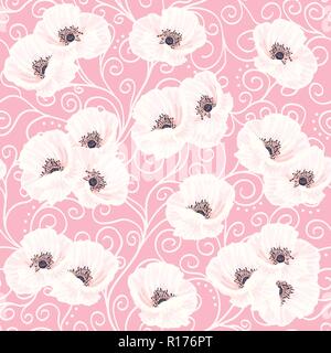 Tender white vector anemones and white liana on the pink background seamless pattern Stock Vector