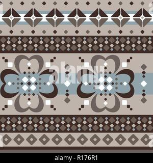 Jumbo large scale Fair Isle style brown beige blue white vector seamless abstract pattern with flowers Stock Vector