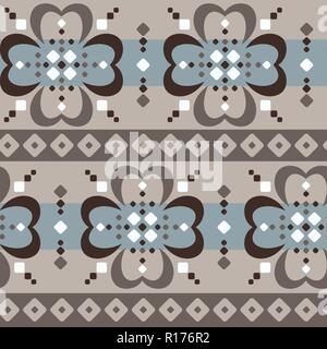 Jumbo large scale Fair Isle style brown beige blue white vector seamless abstract pattern with rows of flowers Stock Vector