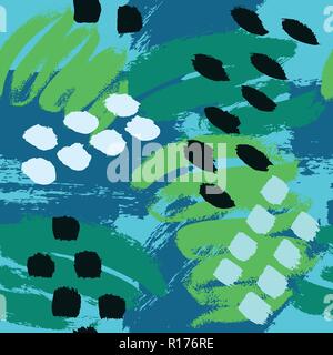 Turquoise green blue white black hand drawn paint lines and stains vector seamless pattern Stock Vector