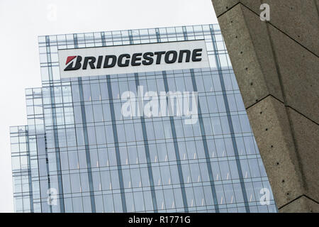 A logo sign outside of the headquarters of Bridgestone Americas in Nashville, Tennessee, on October 9, 2018. Stock Photo