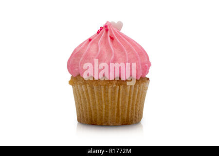Pink strawberry cupcake isolated on white background. Stock Photo