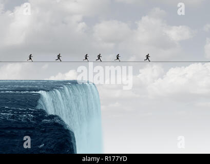 Business group risk on a tightrope or high wire over a waterfall in a 3D illustration style. Stock Photo