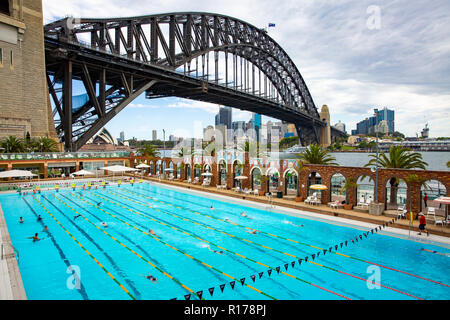 North Sydney Olympic swimming pool in Milsons point and the Sydney Harbour Bridge,Australia Stock Photo