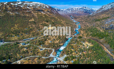Unknown small village in mountain valley. Hordaland, Norway. Stock Photo