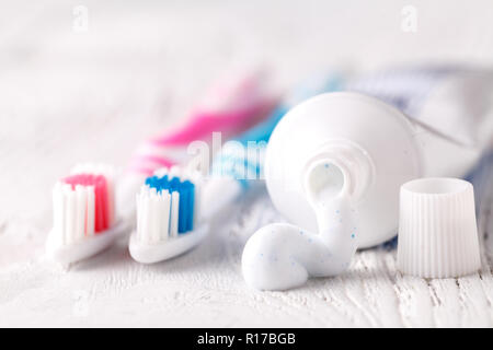 Color toothbrush with the color toothpaste Stock Photo