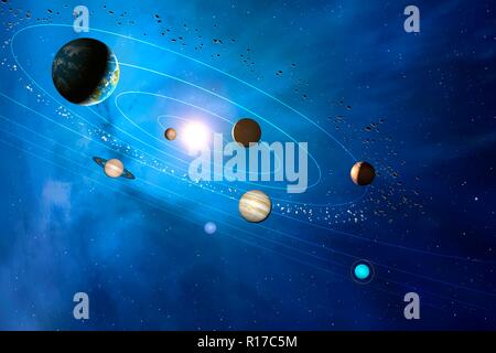 Artwork of the solar system, showing the paths of the eight major ...