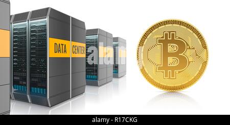 Golden bitcoin and digital farm isolated on white background, technology of mining of cryptocurrency. 3D illustration. Stock Photo