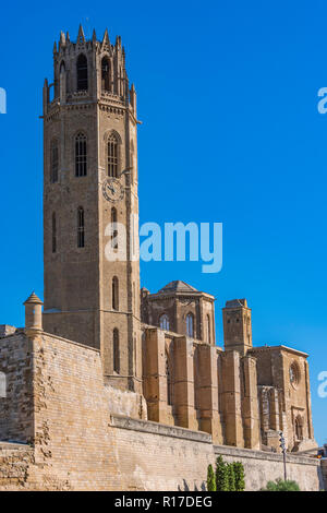 Close-up of the old Cathedral La Seu Vella, where the bell tower dominates the city of Lleida. Catalonia Spain Stock Photo