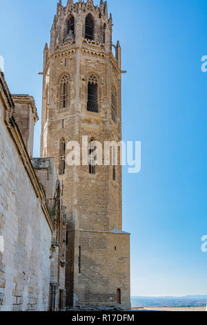 Courtyard and main entrance to the old cathedral of the Seu Vella and bell tower of the same that dominates the city of Lleida. Catalonia Spain Stock Photo