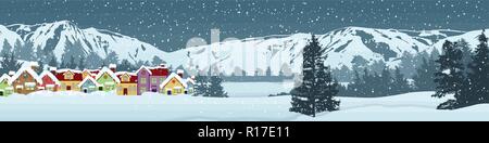 Holiday winter landscape background over blue sky with snow fall, vector illustration Stock Vector