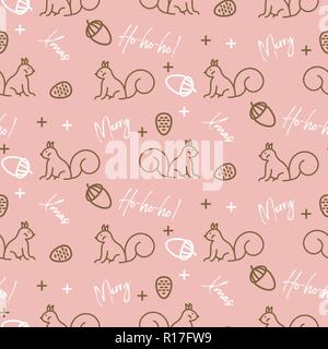 Cute xmas pattern with squirrels and acorns line style vector background. Stock Vector