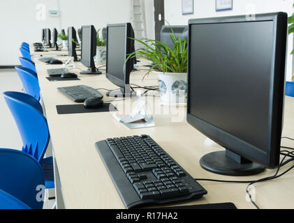Computer Lab,Neatly placed rows of computer. Stock Photo
