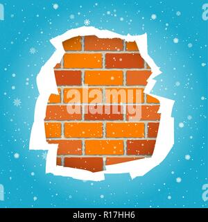 Snowfall and blue paper torn wall Stock Vector