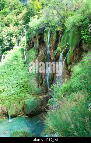 High waterfall among green foliage. Water falling from brown rocks into a clear turquoise pond. Plitvice lakes national park, Croatia Stock Photo