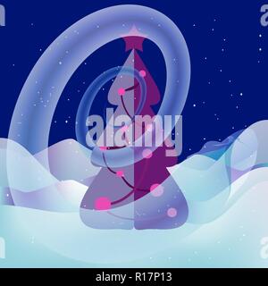 New Year Eve. A magical snowy whirlwind swirls around the Christmas tree with garlands. Snowflakes are falling. Fairy light illuminates the snowdrifts Stock Vector