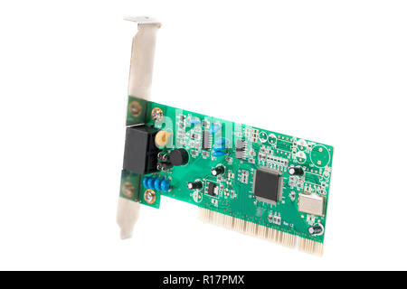 Electronic circuit board on white background. Green PCB Stock Photo