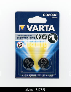 BERLIN, GERMANY - CIRCA NOVEMBER 2018: Varta high quality CR2032 lithium battery Stock Photo