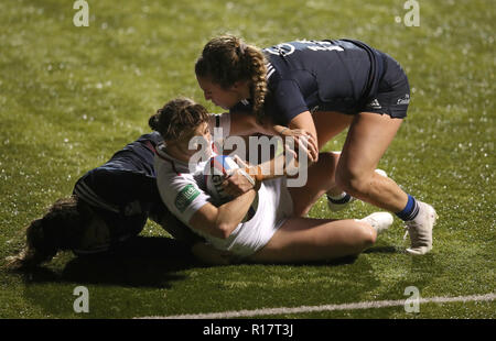 England's Katy Daley-McLean is tackled down just short of the try line during the Quilter International match at Allianz Park, London. Stock Photo