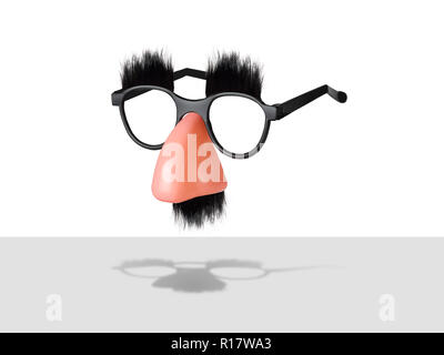 Side view of Groucho style glasses with fake plastic nose and mustache, cut out, isolated, white background Stock Photo