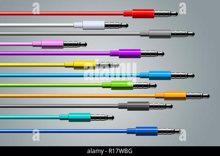 Multiple multicolored cables of various lengths in a row and top of each other, grey background Stock Photo