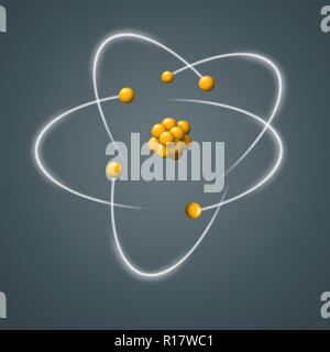 Yellow atomic particles surrounded by moving electrons on grey background, digital image Stock Photo