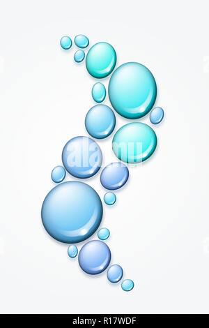 Digital image of clear blue water droplets in blue on white surface with copy space Stock Photo