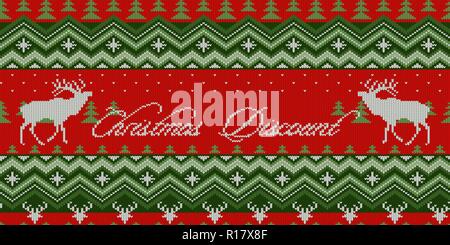 Christmas Discount. Scandinavian style seamless knitted pattern with deers on a red background Stock Vector