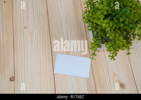 Blank business cards and little decorative tree in white vase on wooden working table with copy space for add text ID. and logo, business company conc Stock Photo