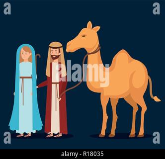 virgin mary and saint joseph with camel vector illustration design Stock Vector