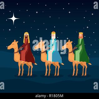 wise kings in camels manger characters vector illustration design Stock Vector