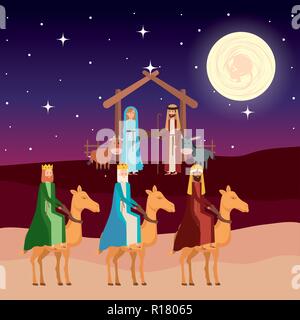 wise kings in camels manger characters vector illustration design Stock Vector