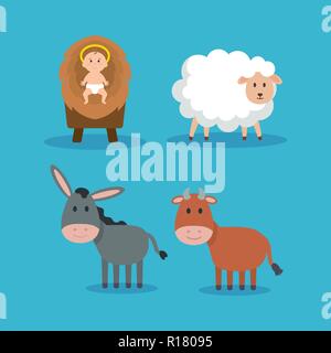 group of animals and jesus baby manger characters vector illustration Stock Vector
