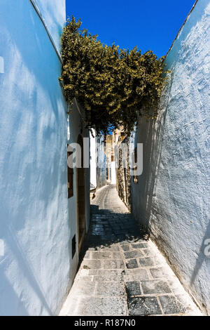 Vertical photo with empty street. Street has white houses on both sides typical for this town Lindos on Rhodes Island. Street surface is made from squ Stock Photo